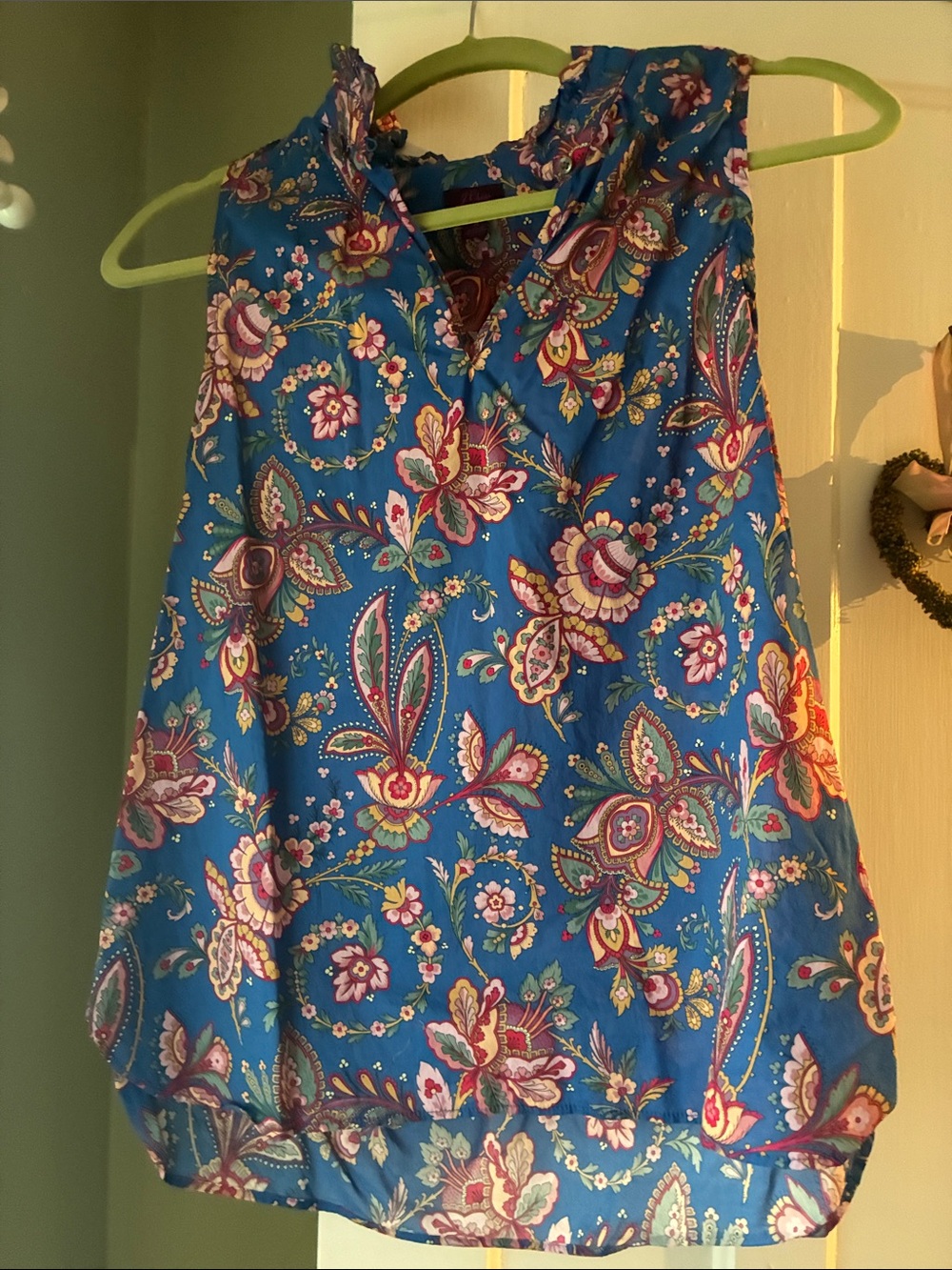 Floral Sleeveless Ruffle Neck Top - Blue